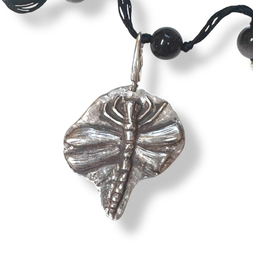 dragonfly fossil necklace on beads