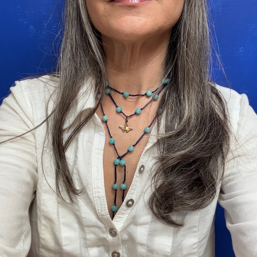 Amazonite backbeads worn with manta ray charm on model