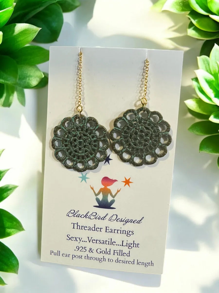 boho bronze threader earrings on gift card