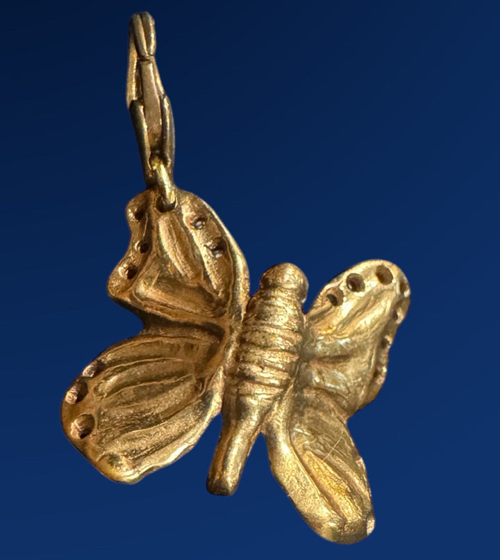 bronze butterfly charm on blue background