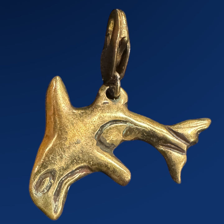 bronze orca charm on blue background