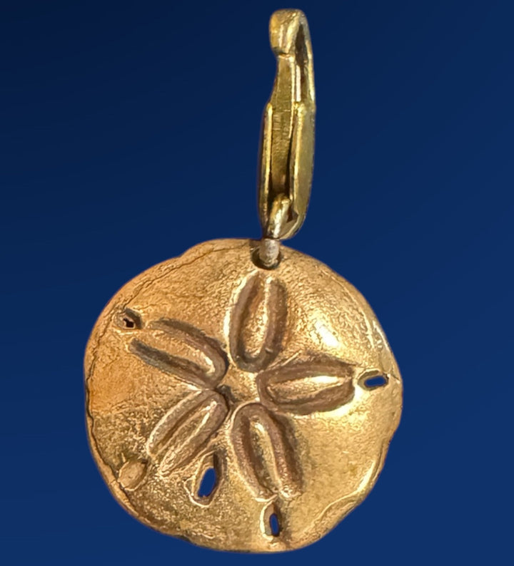 bronze sand dollar charm on blue background