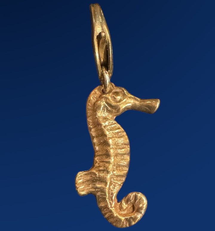 bronze sea horse charm on blue background