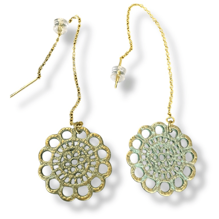 boho flowers green patina threader earrings on white background