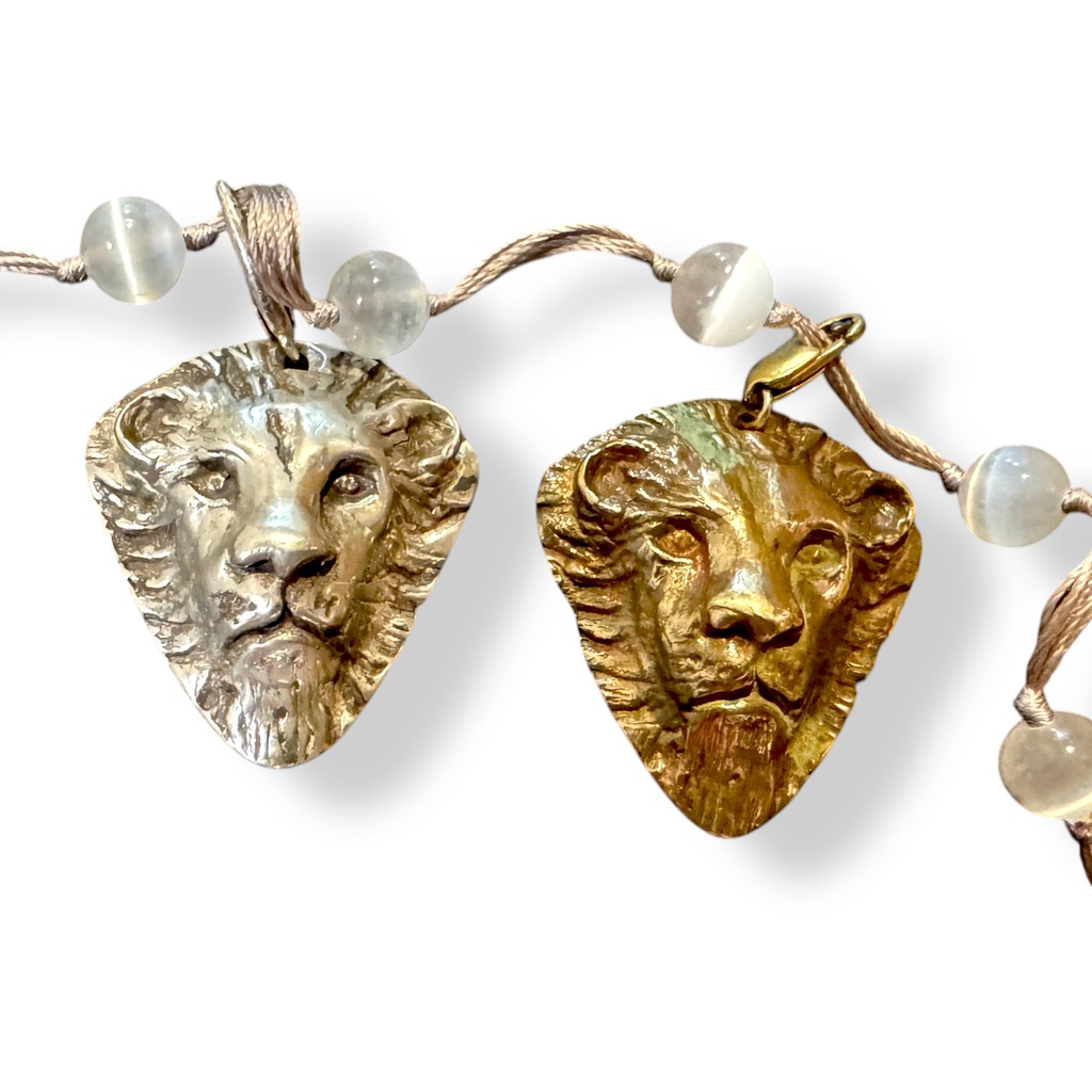 selenite beaded necklace with lion head charms