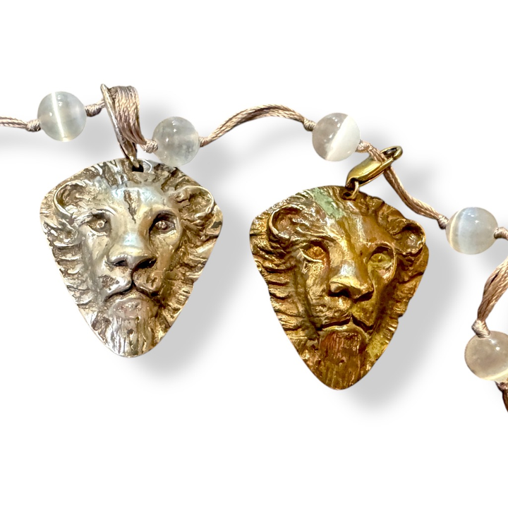 selenite beaded necklace with lion head charms
