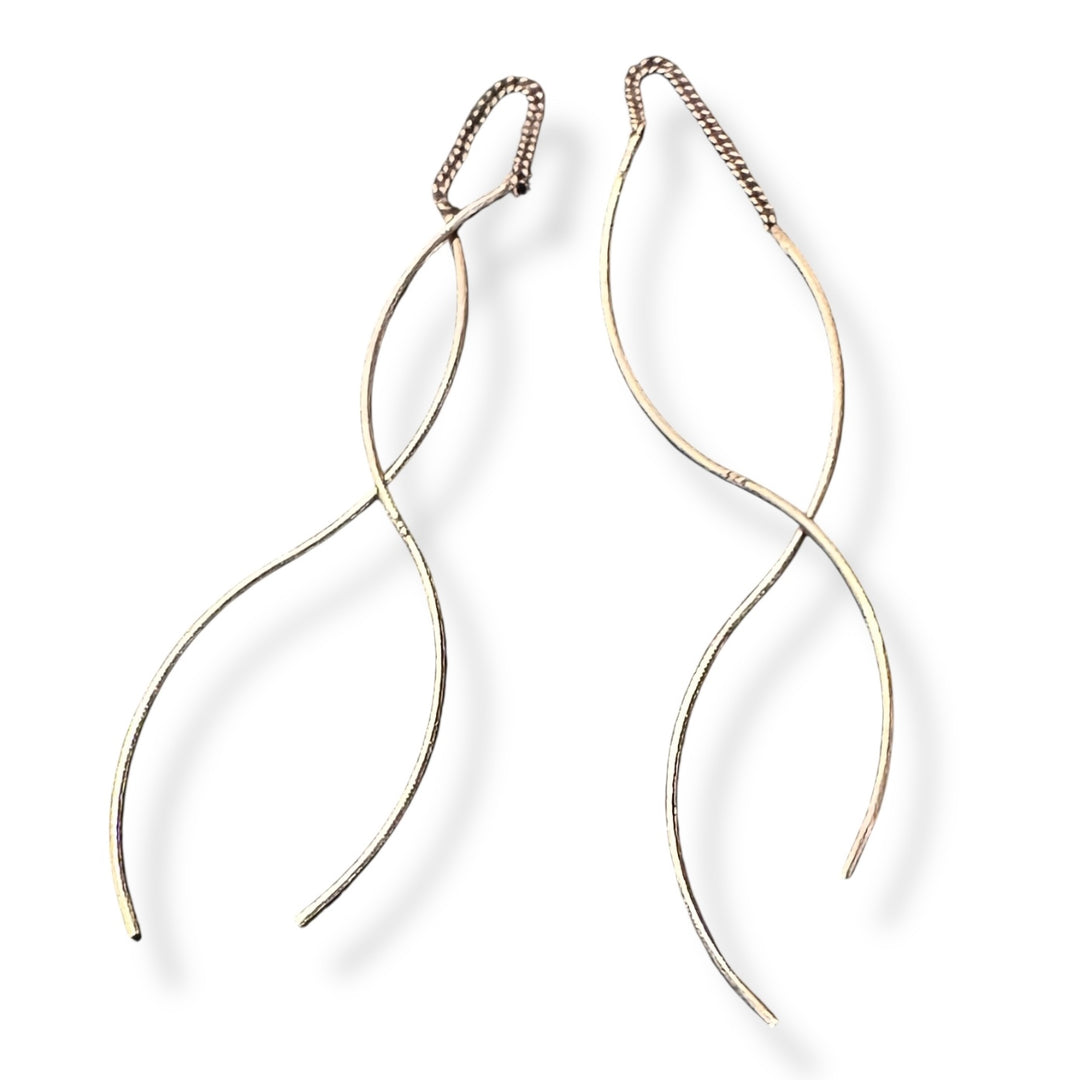 silver threader earrings on white background