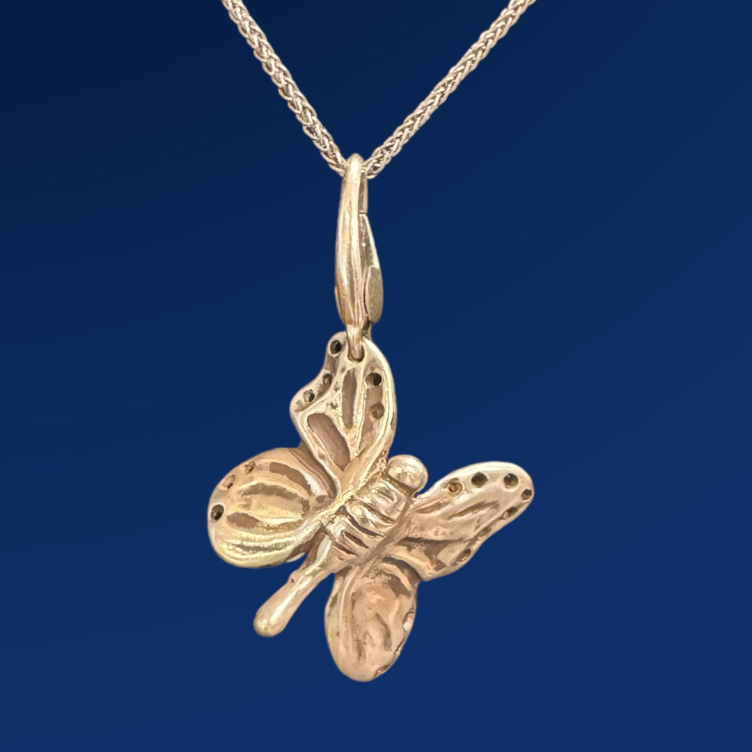 silver butterfly on chain on blue background
