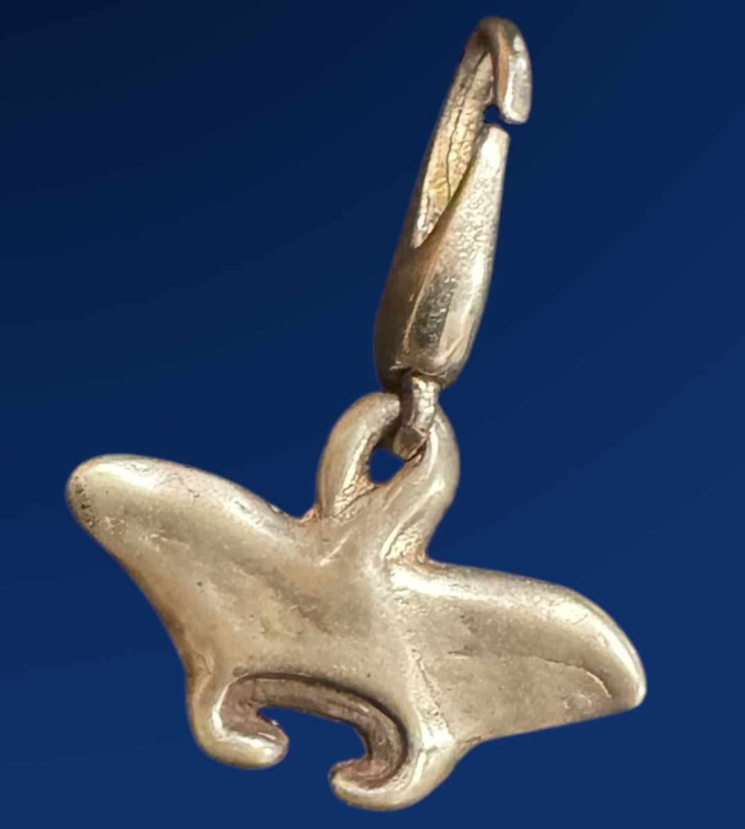 sliver manta ray charm on blue background
