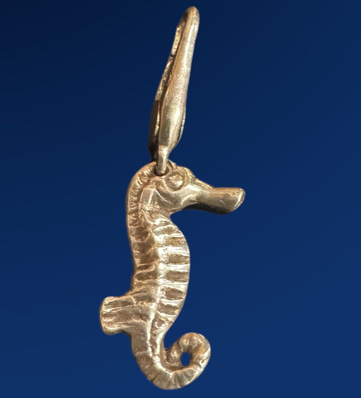 silver sea horse charm on blue background