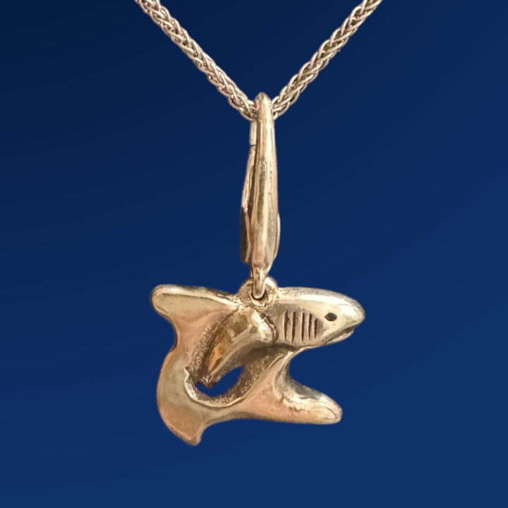 silver shark charm on silver chain and blue background