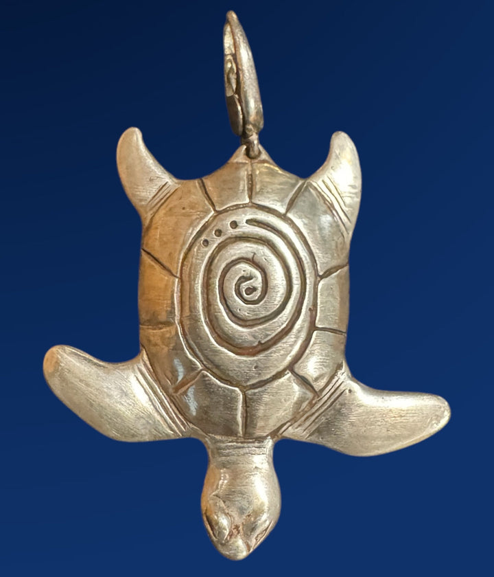 Silver turtle pendant with spiral design on a blue background