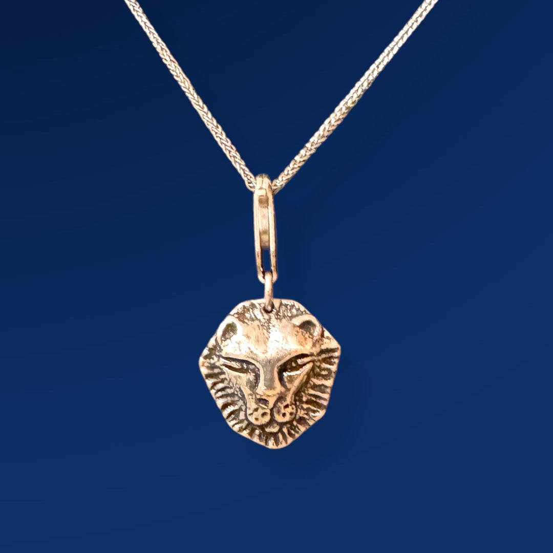 small silver lion head pendant on chain on blue background
