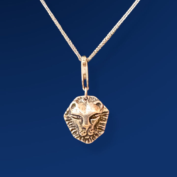 small silver lion head pendant on chain on blue background