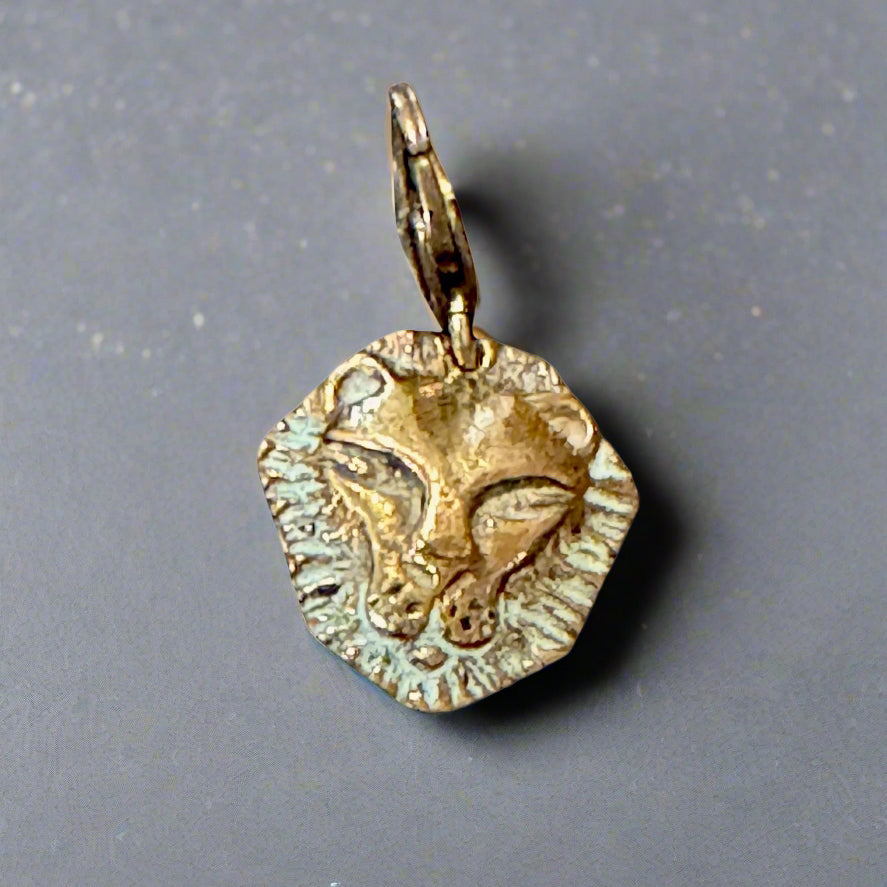 small bronze lion head charm on concrete background