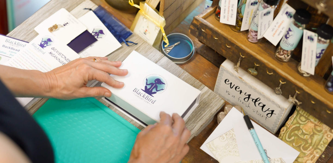 blackbird jewelry packaged for gifting ready to ship on table