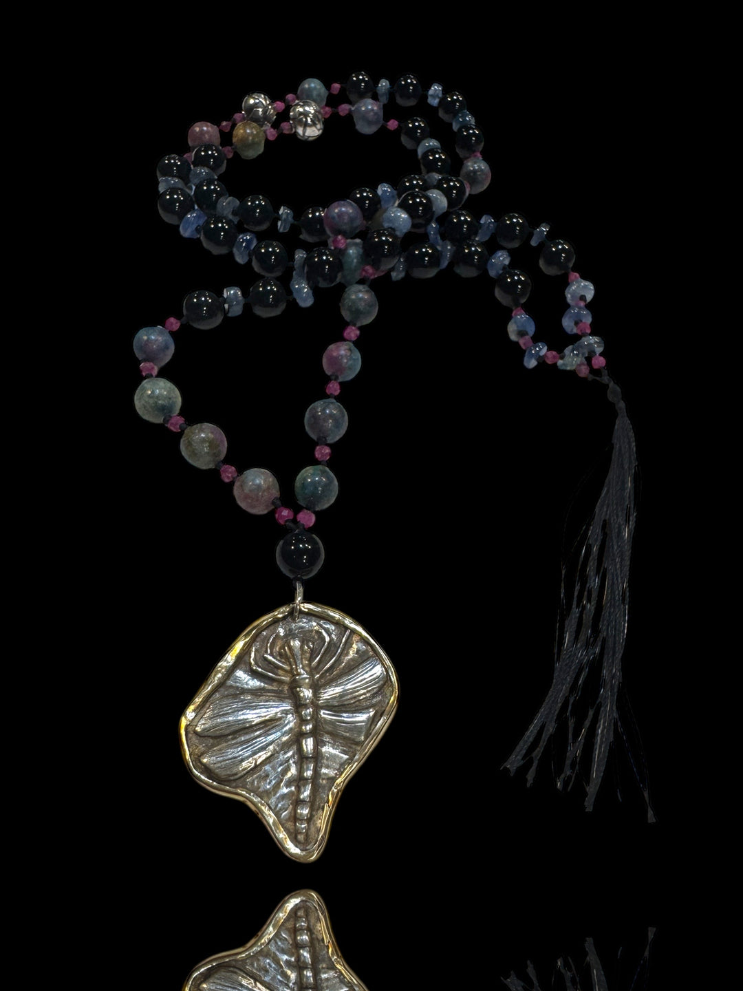 fossil dragonfly mala set in 14k gold bezel