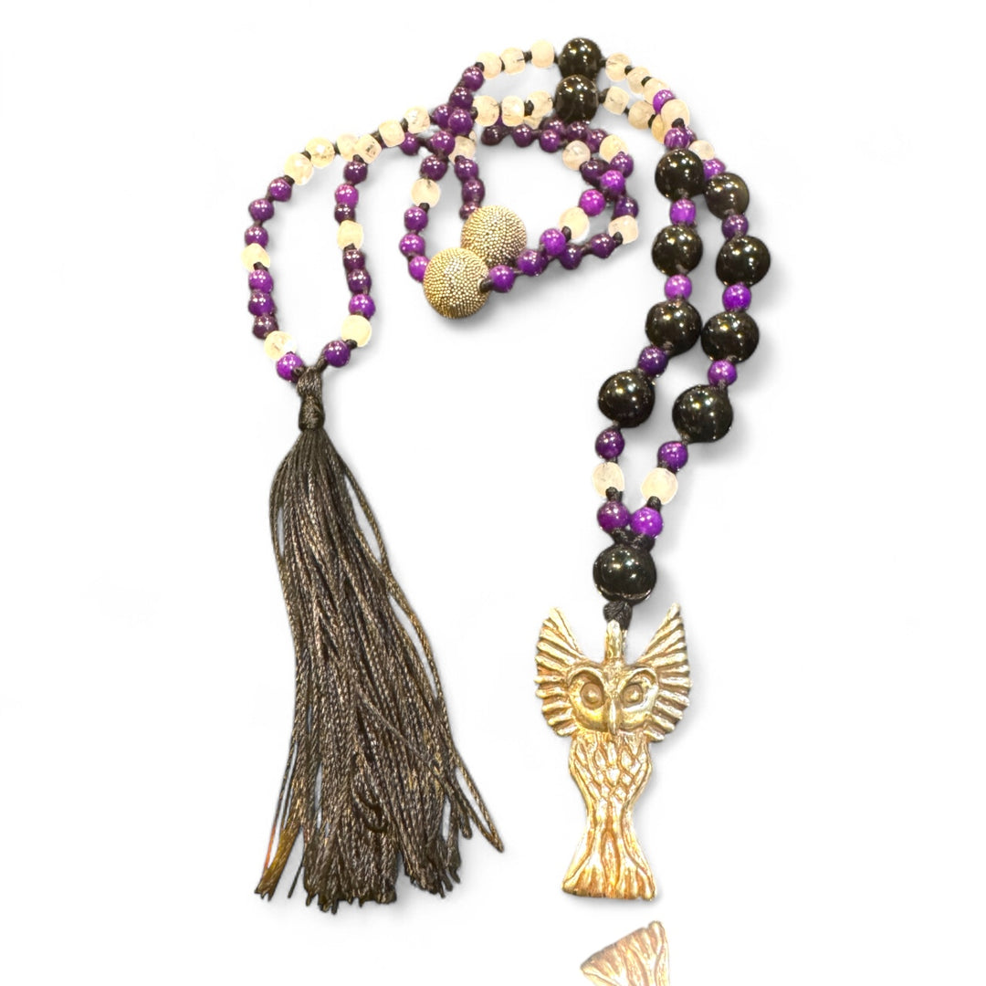 Sterling silver owl mala with gemstones and tassle.
