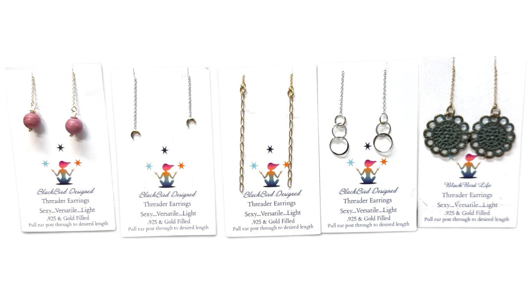 5 pairs of Threader earrings on cards