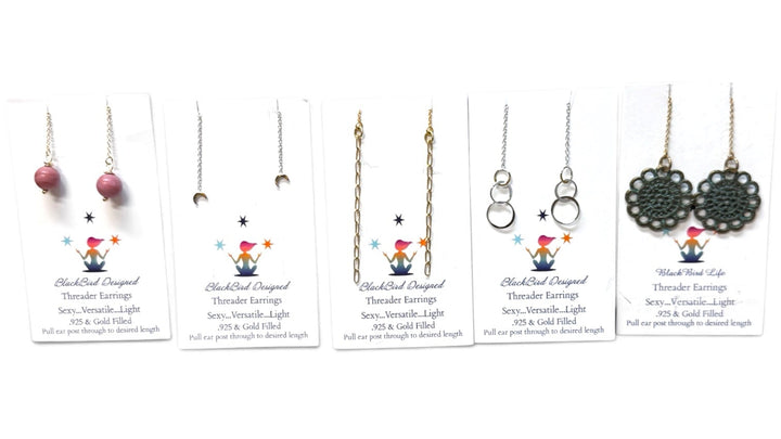 5 pairs of Threader earrings on cards