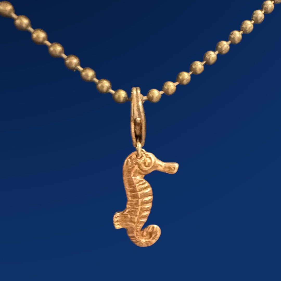 bronze sea horse charm on chain and blue background