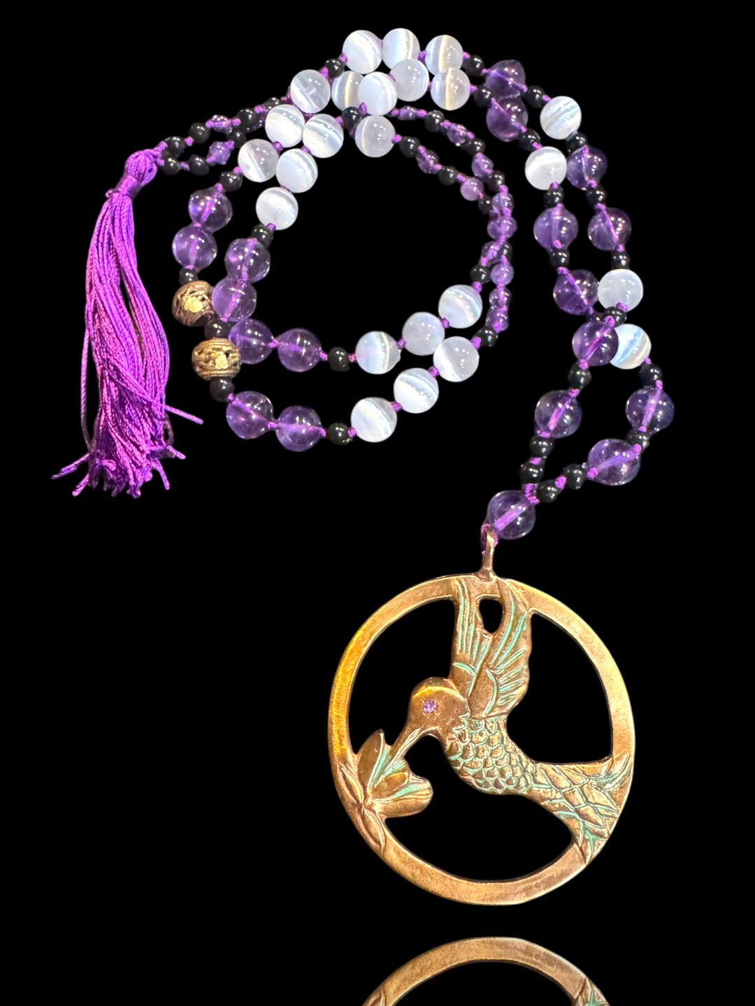 bonze hummingbird mala necklace with amethyst eye and beaded gemstone necklace with tassle