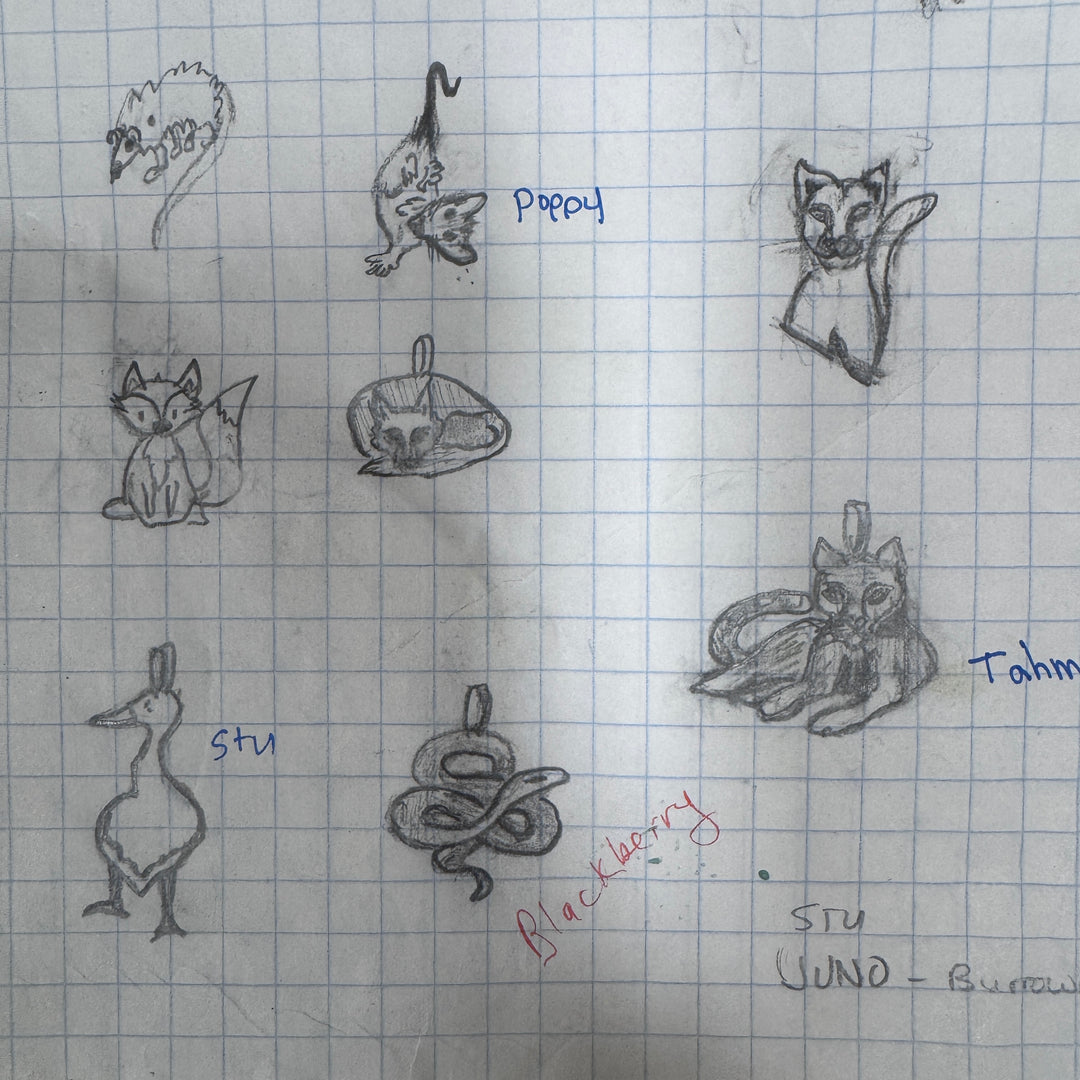 Grid paper with various animal sketch drawings and labels